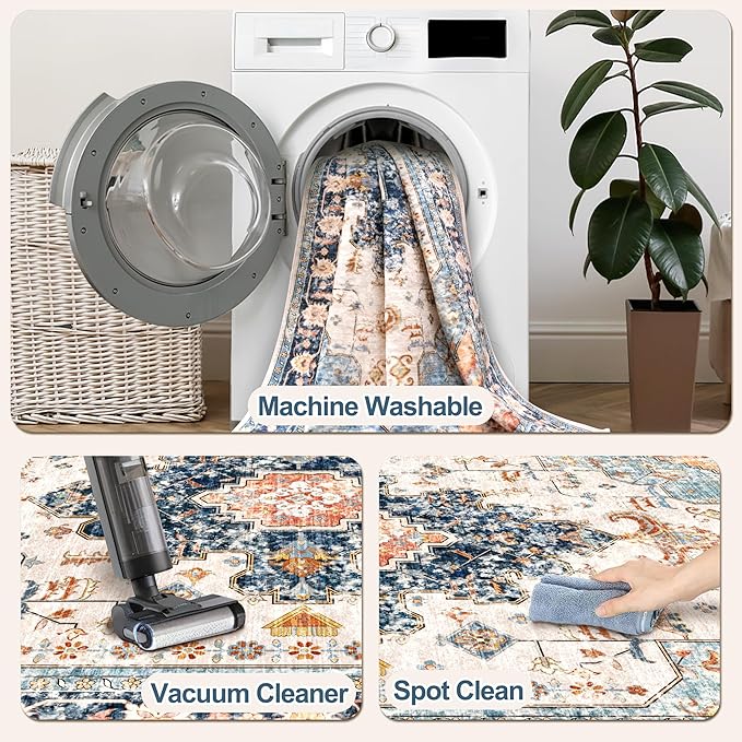 Tangsoo 2.6x8 Washable Runner Rug for Hallways, Non Slip Vintage Rug, Soft Low Pile Long Runner, Blue Carpet Runners for Kitchen Bedroom Entryway Bathroom Living Room