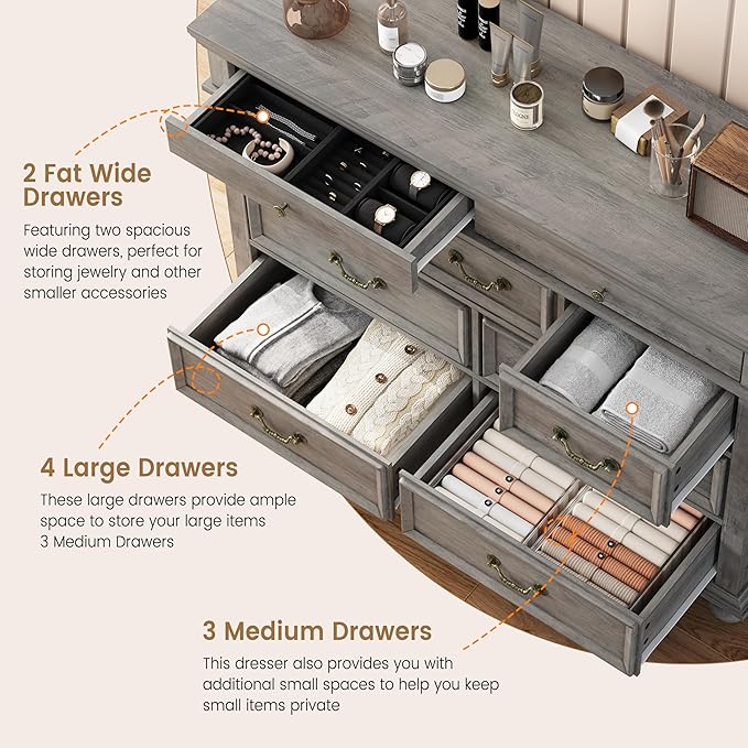 IDEALHOUSE 47" Farmhouse Dresser for Bedroom with 9 Drawers, Rustic Wood Chest with Vintage Metal Handles for Bedroom, Large Storage Organizer for Living Room, Entrance, Gray