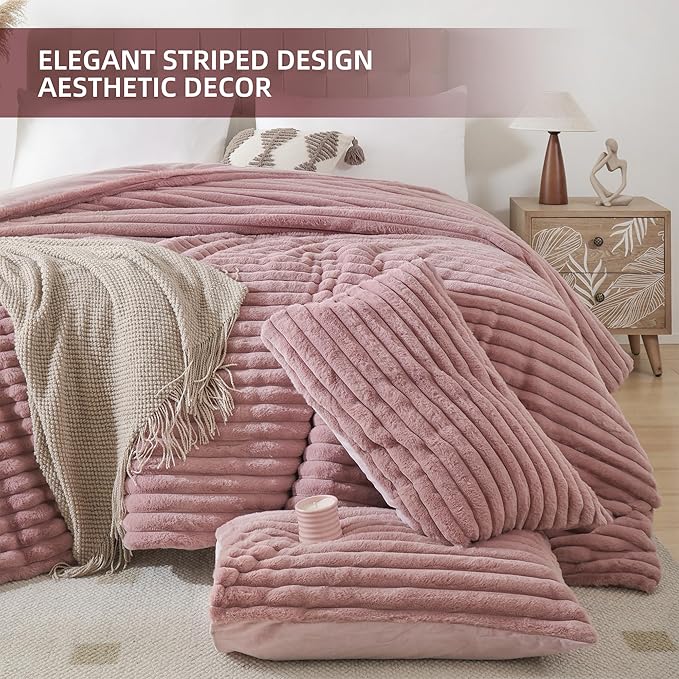 Smoofy Fluffy Twin Comforter Sets 2 Pieces - Old Pink Fleece Fluffy Comforter Set, Luxury Fuzzy Twin Bedding Set, Soft Warm Comforter All Season, Heavy Faux Fur Comforter with Pillow Cases