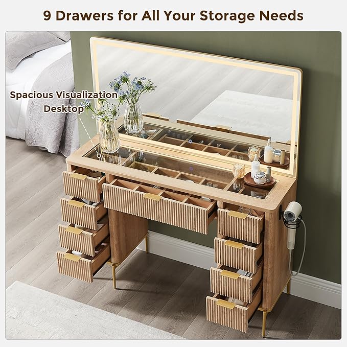 T4TREAM 48" Fluted Makeup Vanity Desk with 48" Large Mirror and HD Lights, Modern Vanity Table with 9 Drawers & Charging Station, Glass Top and Golden Handles Dressing Table for Bedroom,Natural Oak