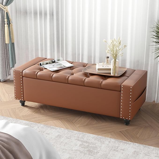 Maupvit Storage Ottoman Bench, 49 Inch Bedroom Bench, Upholstered Ottoman with Storage, Entryway Bench with Tufted Button, Faux Leather Window Bench for Bedroom, Living Room, Entryway, Hallway, Brown