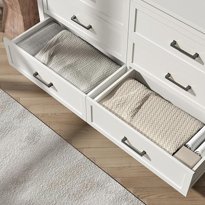 Farmhouse 6 Drawers Dresser for Bedroom, Wood Rustic Wide Chest with Natural Texture, Storage Dressers Organizer for Bedroom, Hallway, Entryway, White