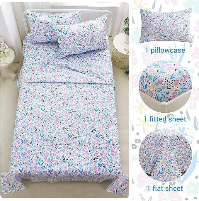 Viviland 3 Pieces Girls Purple Floral Twin Sheet Set - Soft Microfiber Fitted Flat Sheets & Pillowcase - Purple Colorful Flower Print Bedding Sets - for Kids & Toddlers