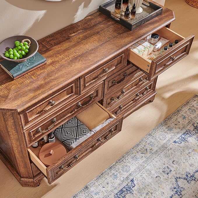 T4TREAM Farmhouse 8 Drawers Dresser for Bedroom, 54" Wide Wood Rustic Chest of Drawers with Natural Texture, Vintage Design, Storage Dressers Organizer for Bedroom, Living Room, Reclaimed Barnwood