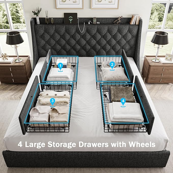 King Size Bed Frame with 4 Storage Drawers, Giant Upholstered Wingback Headboard, Fast Charging Station, No Box Spring Needed, Noise-Free, Dark Gray