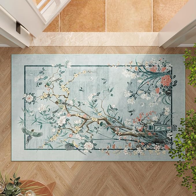 Door Mat Indoor Entrance 2x3 Rug Chinoiserie-Style Floral Vintage Machine Washable Small Area Rug Non-Slip Low Pile Throw Rugs for Entryway, Kitchen, Front Door, Entry, Kids Room, Blue