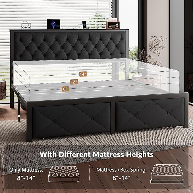 iPormis King Bed Frame with 2 Storage Drawers, Linen Upholstered Headboard Platform Bed with Charging Station, No Box Spring Needed, Metal Slats Support, Noise-Free, Easy Assembly, Black