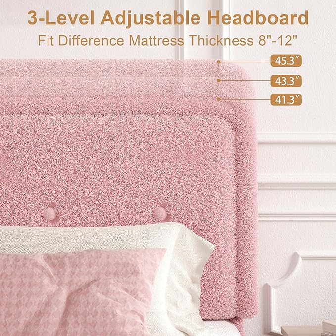 King Size Boucle Platform Bed Frame, Anti-Collision Soft Rounded Corners, Adjustable Headboard, No Box Spring Needed, Easy Assembly, Noise Free, Pink