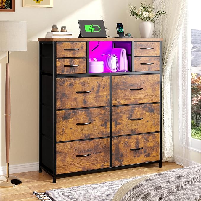 Dresser for Bedroom with Charging Station and LED and 10 Fabric Drawers, Sturdy Tall Chest of Drawers with 2 Open Storage Shelves Storage Tower for Closet, Hallway (Rustic Brown)