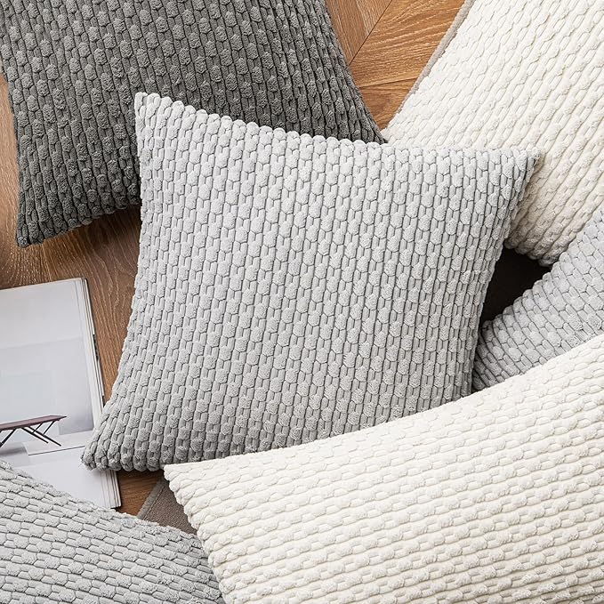 MIULEE Throw Pillow Covers Soft Corduroy Decorative Set of 2 Boho Striped Pillow Covers Pillowcases Farmhouse Home Decor for Couch Bed Sofa Living Room 20x20 Inch Light Grey