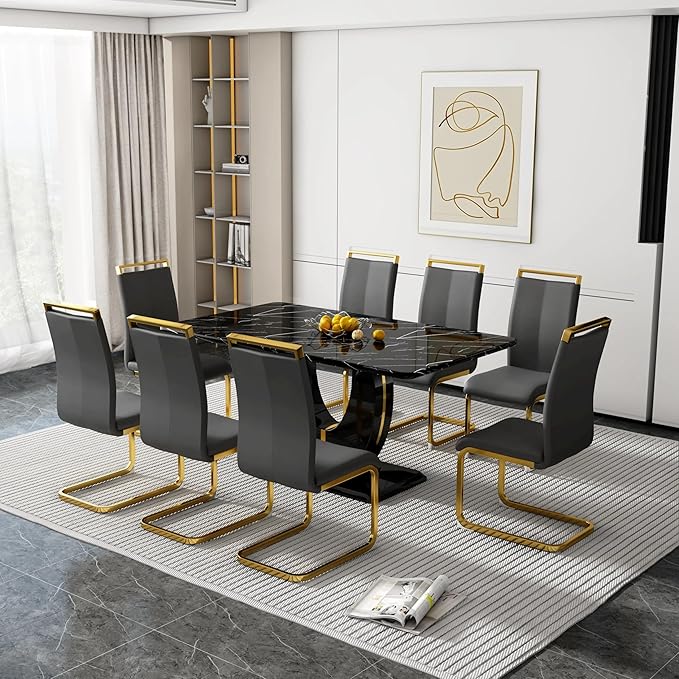 Dining Table Set for 8, Kitchen Table Chairs Set of 8, Modern Dining Room Set with 71 inch Marble Dinner Table PU Leather Upholstered Chairs for Dining Room Kitchen