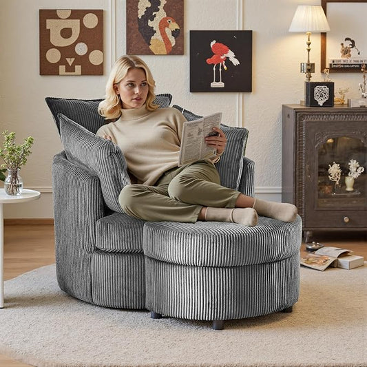 Swivel Accent Chair with Ottoman Comfy Reading Chairs for Bedroom Modern Corduroy Arm Chair 360°Swivel Barrel Chairs for Living Room,Apartment (Dark Grey, 1)