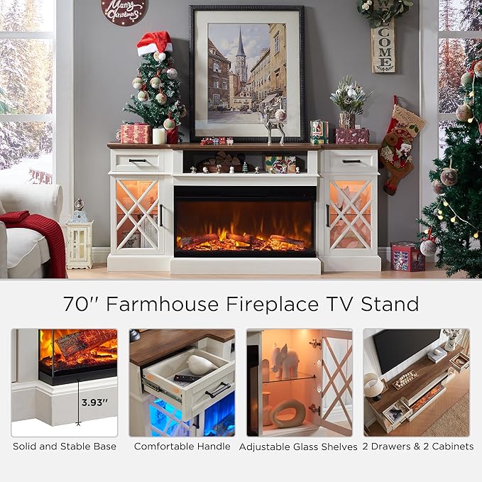 OKD 3-Sided Glass Farmhouse Electric Fireplace TV Stand for TVs up to 80'', Highboy Entertainment Center with Glass Door Storage Cabinet, 70'' Large TV Stands with 36'' Fireplace, Antique White