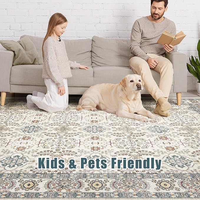 Area Rugs for Living Room: 8x10 Washable Rug Vintage Boho Floral Print - Ultra Thin Stain Resistant Large Soft Non Slip Foldable Carpets for Bedroom Dining Room Office Nursery - Multi