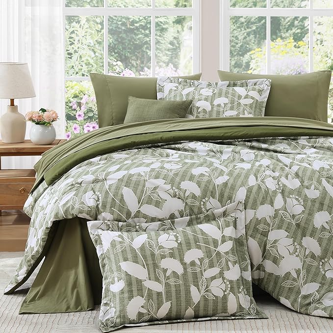 Full Comforter Set -7 Pieces Botanical Olive Green Comforter Set for All Seasons, Bed in a Bag Full with Flowers Floral Comforter, Sheets, Pillowcases & Shams