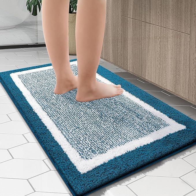 OLANLY Bathroom Rugs 30x20, Extra Soft and Absorbent Microfiber Bath Mat, Non-Slip, Machine Washable, Quick Dry Shaggy Bath Carpet, Suitable for Bathroom Floor, Tub, Shower (Medium, Peacock Blue)