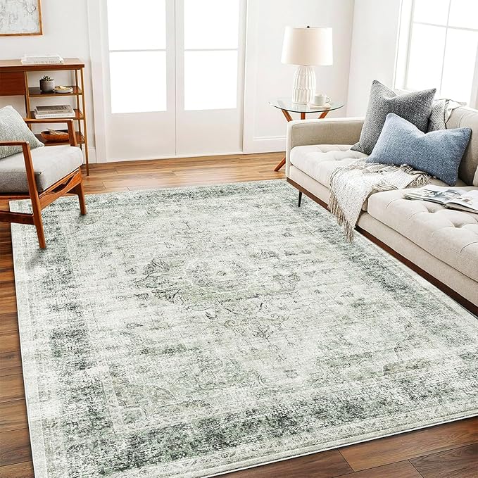 Area Rug 6'x9' Washable Floral Green Vintage Traditional Floor Cover Thin Retro Kitchen Indoor Distressed Non Slip Carpet for Living Room Bedroom Dining Room