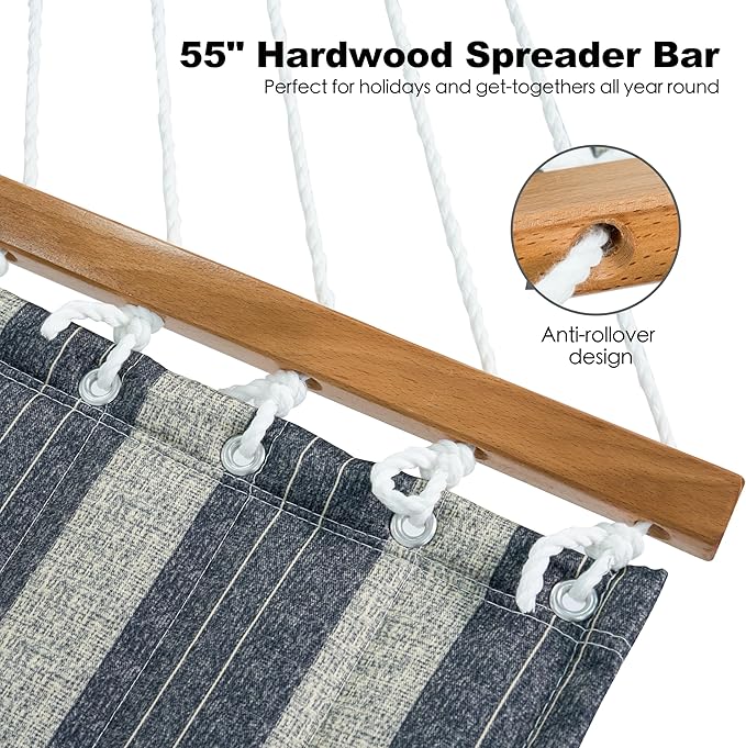 2 Person Hammocks for Outside, Double Quilted Fabric Outdoor Hammock with Spreader Bar, Large Removable Pillow, Storage Pockets, Carabiners, Max 475 lbs Capacity (Slate Grey)