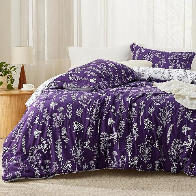Bedsure King Comforter Set - Dark Purple Bed Set, 3 Pieces Cute Floral Bedding, 1 Soft Reversible Botanical Flowers Comforter and 2 Pillow Shams