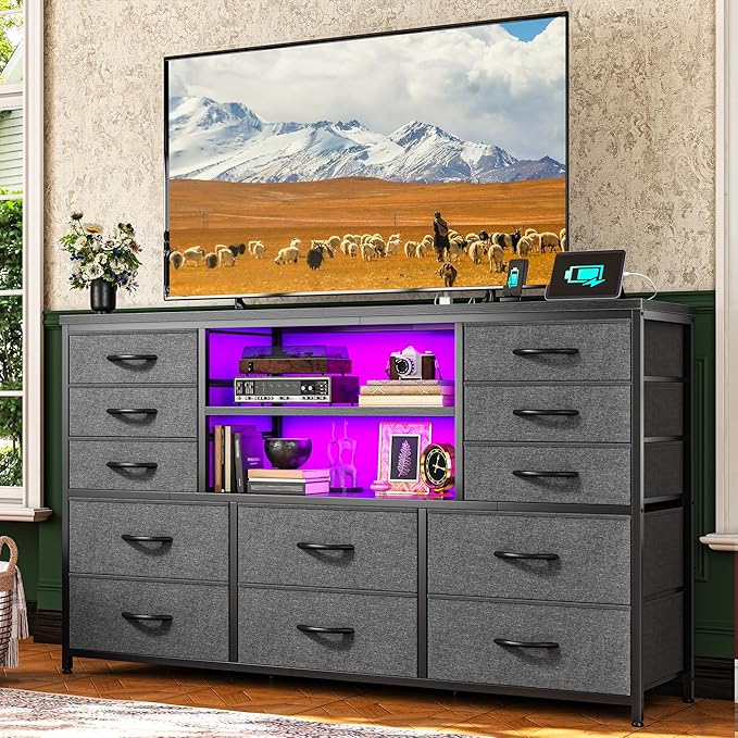 TV Stand with 12 Fabric Drawers for 55 inch TV, Entertainment Center with Charging Station & LED Lights, TV Media Console Table with 2 Open Storage Shelves for Living Room, Dorms, Wood Top, Grey