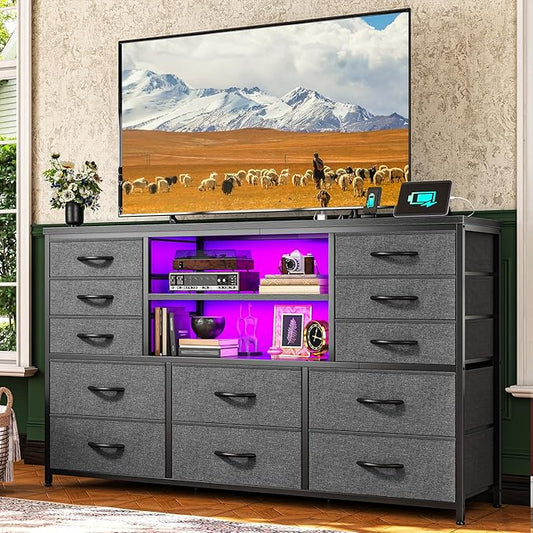 TV Stand with 12 Fabric Drawers for 55 inch TV, Entertainment Center with Charging Station & LED Lights, TV Media Console Table with 2 Open Storage Shelves for Living Room, Dorms, Wood Top, Grey