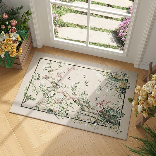 Door Mat Indoor Entrance 2x3 Rug Chinoiserie-Style Floral Vintage Machine Washable Small Area Rug Non-Slip Low Pile Throw Rugs for Entryway, Kitchen, Front Door, Entry, Kids Room, Beige