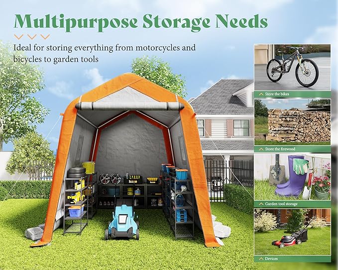 AMERLIFE 6x8x6.6 FT Heavy Duty Portable Shed Storage Shelter, Outdoor Storage Shed with 2 Waterproof Windows & Roll-Up Zipper Door, Carport for Motorcycle, Bike, Gray