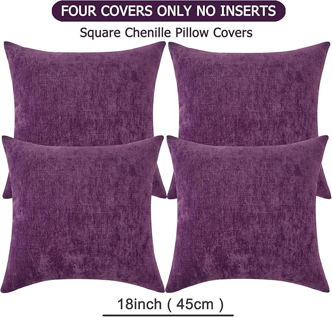 GAWAMAY Decorative Square Throw Pillow Covers 18"x18" Inch Set of 4, Super Soft Chenille Pillows Farmhouse Fall Pillowcase for Living Room Bedroom Sofa Couch Cushion Cover Purple 45x45cm (No Insert)