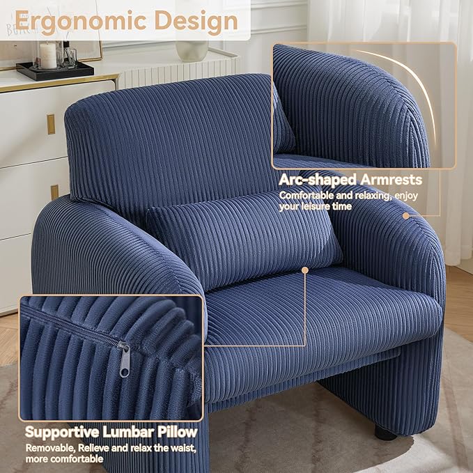Corduroy Fabric Accent Chair, Modern Upholstered Living Room Chairs with Lumbar Pillow, Wide Comfy Leisure Armchair for Bedroom, Office, Reading, Blue