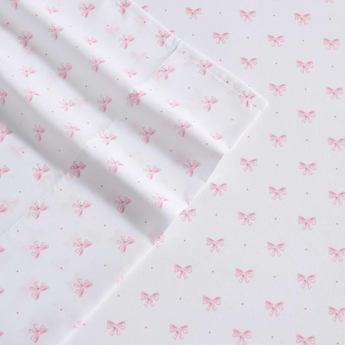 Laura Ashley - Kids Sheet Set, Ultra-Soft & Breathable Toddler Bedding with Matching Pillowcases, Wrinkle-Resistant, Ideal Girl Room Essentials (Lovely Bows Pink, Queen)