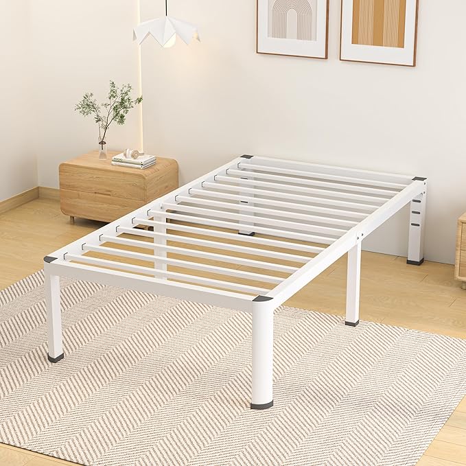14 Inch Twin Bed Frame, Metal Platform Bed Frame with Round Corner Legs, 3500 lbs Heavy Duty Steel Slats Support, No Box Spring Needed, Noise Free, Easy Assembly, White