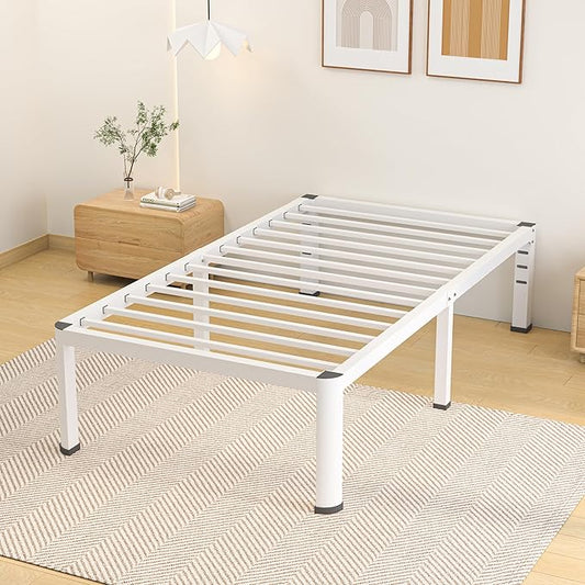 14 Inch Twin Bed Frame, Metal Platform Bed Frame with Round Corner Legs, 3500 lbs Heavy Duty Steel Slats Support, No Box Spring Needed, Noise Free, Easy Assembly, White