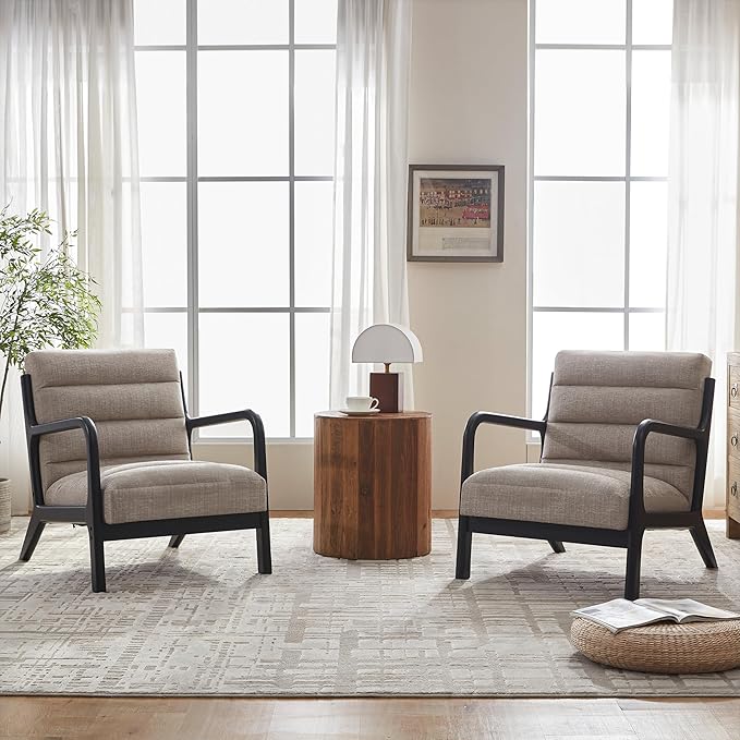 VKNOW Accent Chair with Rubberwood Frame, Mid-Century Modern Upholstered Reading Armchair, High Back Lounge Armchair Living Room Chair for Bedroom Reading Room, Light Brown