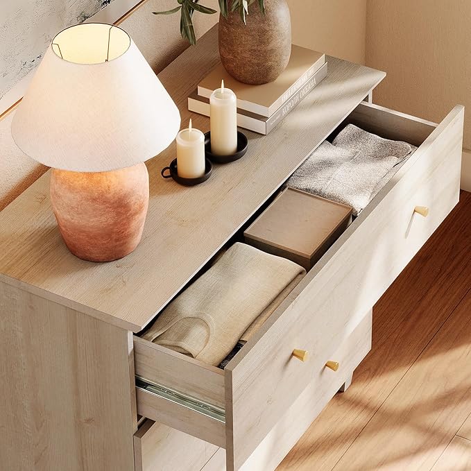 WAMPAT TV Stand Dresser for 75+ Inches TVs, 2-in-1 Wood Media Console Table with 6 Drawers, Modern Highboy Entertainment Center with Storage for Living Room Bedroom, Natural Oak