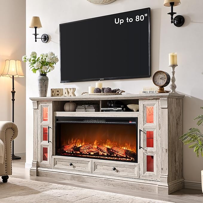 OKD Fireplace TV Stand for up-to-80 TV, Farmhouse 36" Tall Entertainment Center with 42" Electric Fireplace, Media Console with Glass Door Cabinets & Drawers for Living Room, Antique Brush White