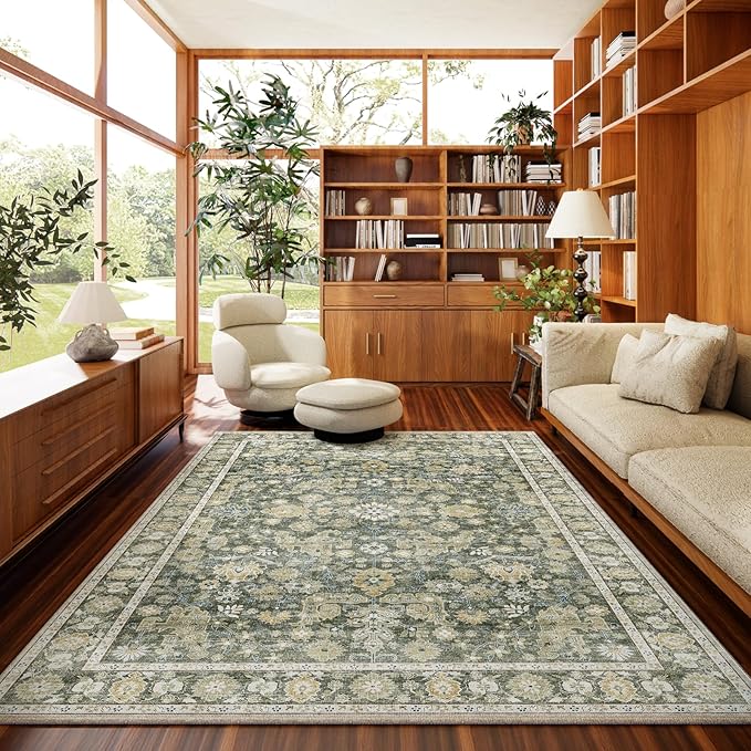 6x9 Washable Rug Vintage Fade Resistant Boho Distressed Non-Slip Indoor Large Carpet Low Pile Lightweight & High-Traffic Safe for Bedroom, Dorm, Playroom - Farmhouse Decor