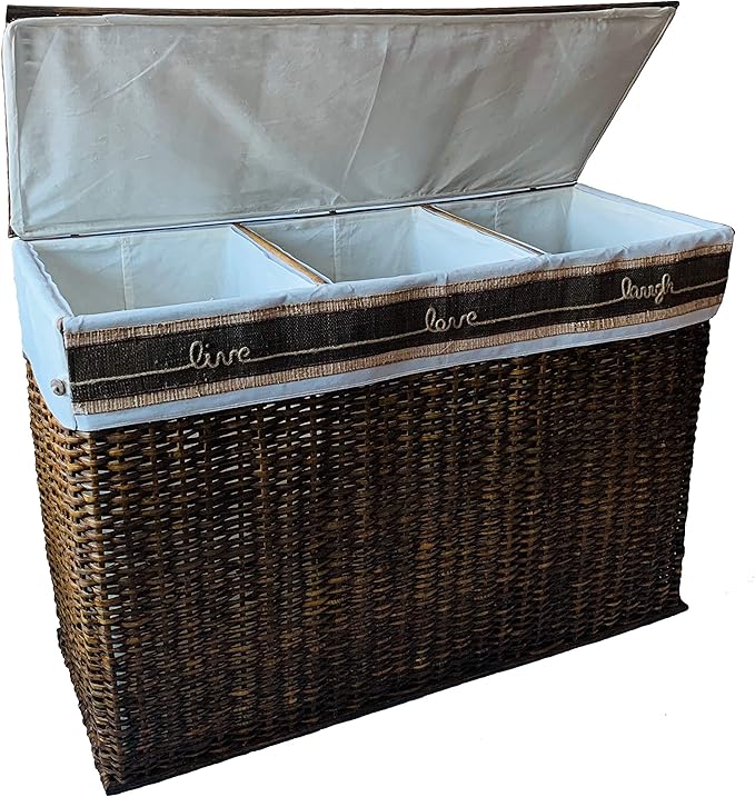 Handcrafted Wicker Oversized 3 Section Divided Laundry Hamper Sorter and Organizer Handwoven Rattan Basket with Lid, Cloth Liner and Coconut Buttons, Jute Rope, and Raffia Weave Accent