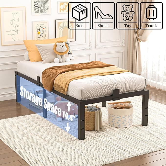 Twin XL Size Bed Frames 16 inch High 3500 lbs Heavy Duty Metal Platform Mattress Foundation with Steel Slat Support/No Box Spring Needed/Noise Free/Non-Slip/Easy Assembly