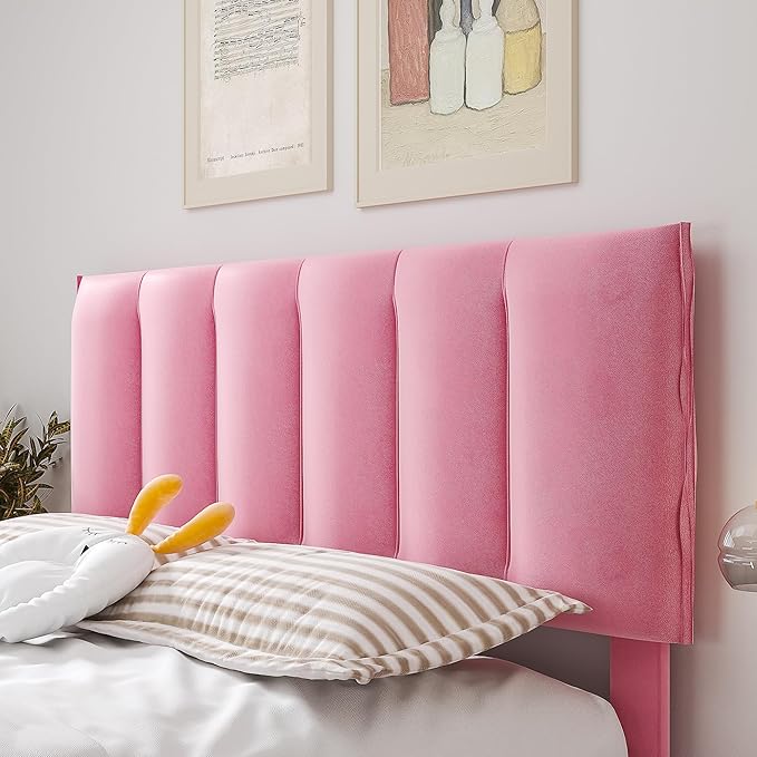 VECELO Full Upholstered Bed Frame with 4 Storage Drawers and Adjustable Velvet Headboard, Heavy-Duty Platform bedframe, No Box Spring Needed, Pink