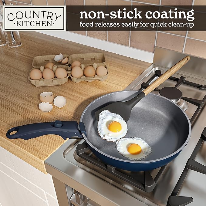 Country Kitchen Cookware Set with Removable Handle, Oven & RV Safe Pots and Pans Set, Denim, Original