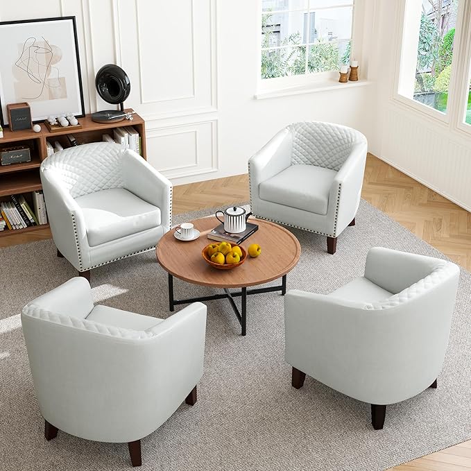 Accent Barrel Chair, Upholstered Faux Leather Club Chair with Nailed Trim, Comfy Reading Armchair for Living Room Bedroom Reception Room Office (White, Set of 2)