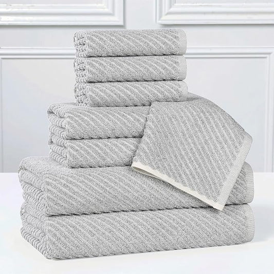Superior Amelia Viscose Cotton Blend Medium Weight Towels, for Bathroom, Shower, Spa, Plush, Quick Dry, Ultra-Soft Towels, Bath Essentials, Ribbed Design, 8 Piece Assorted Towel Set, Platinum
