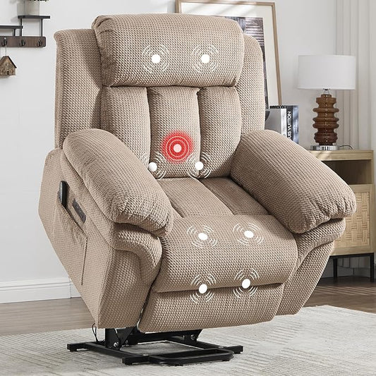 CANMOV 46" Wide Oversize Power Lift Recliner Chair, Extra Large Electric Lift Recliners for Elderly Big, Stand Up Recliner Chair with Massage and Heat, USB and Type-C Ports, Light Brown