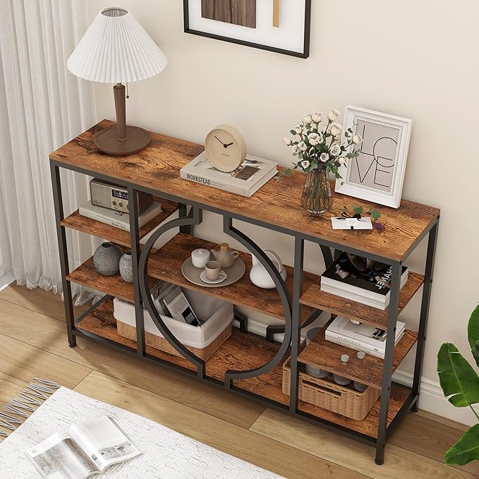 GiftGo 47" Industrial Console Tables for Entryway Rustic Sofa Table Behind Couch 4 Tier Wooden Shelves Entry Table with Storage for Foyer, Hallway, Front Door,Living Room (Rustic Brown, 47")
