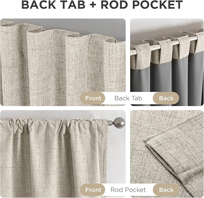Joydeco 100% Blackout Curtains for Bedroom - Natural Linen Curtains 52" W x 63" L Long, Thermal Insulated 2 Panels Light Beige. Room Darkening Light Blocking Drapes for Living Room