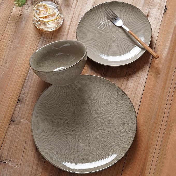 famiware Plates and Bowls Sets for 4, 12 Pieces Stoneware Dinnerware Sets, Dishes Set, Reactive Glaze Dishware Sets, Dishwasher & Microwave Safe, Tempus Series - Dark Olive