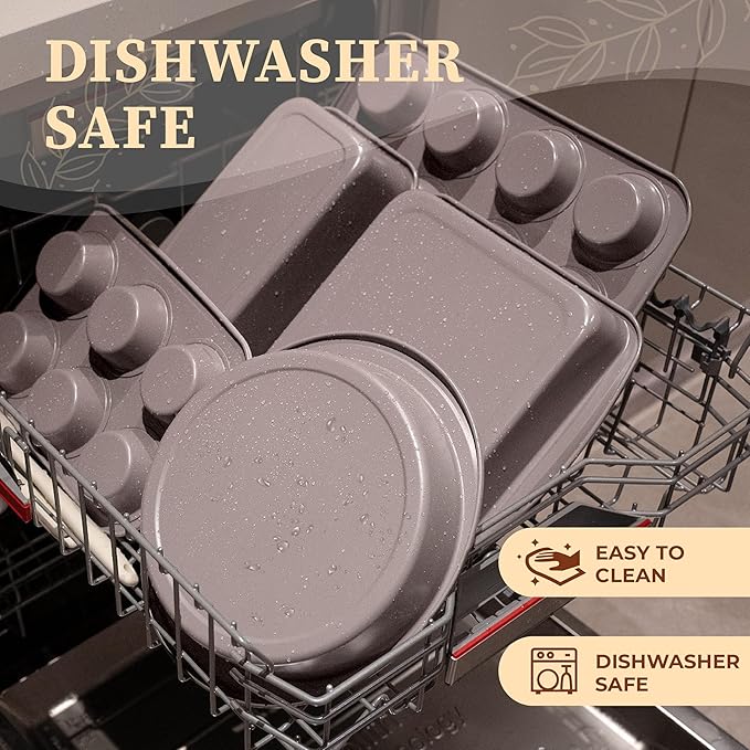 CARTMAN Bakeware Set 9-pieces Brown with Round/Square Cake Pan,Loaf Pan,6/12 Cup Muffin Pan,Cookie Sheet, Brush and Spatula, Carbon Steel Bake Set, Nonstick Stainless Steel Baking Pans Set