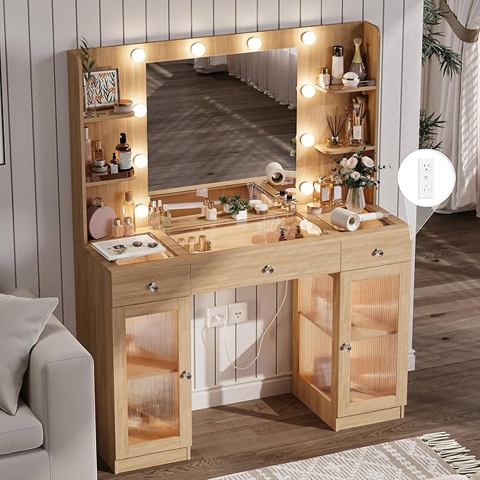 Makeup Vanity with Glass Top, Oak Vanity Desk with Mirror and Lights, Big Vanity with Drawers & Cabinets for Bedroom, Cute Vanity with Crystal Knobs & Power Outlet for Women, Girls