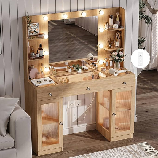 Makeup Vanity with Glass Top, Oak Vanity Desk with Mirror and Lights, Big Vanity with Drawers & Cabinets for Bedroom, Cute Vanity with Crystal Knobs & Power Outlet for Women, Girls