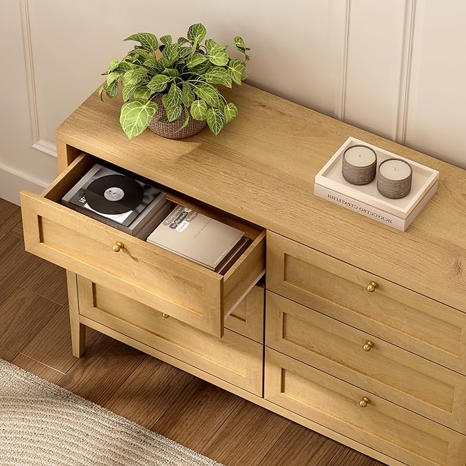 Mid Century Modern 6 Drawer Dresser for Bedroom 47" Wide Chest of Drawers Wooden Storage Dresser Organizer TV Stand for Living Room, Hallway, Natural Oak